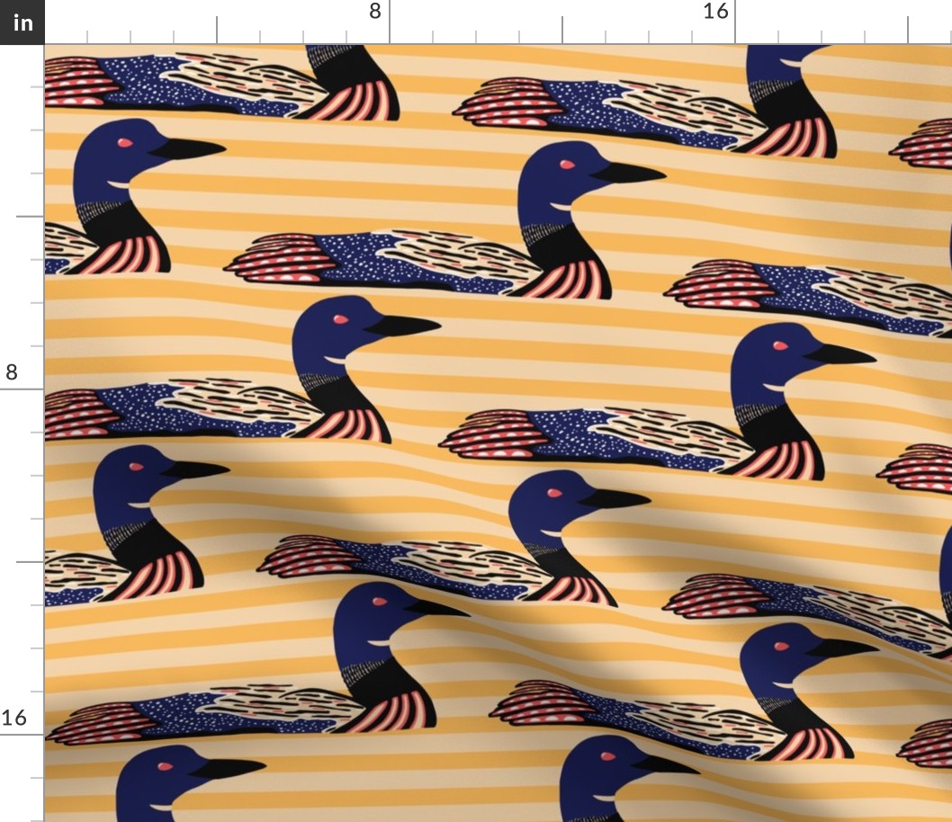 Loon Bird Wallpaper on a Yellow Stripe Background Large Scale