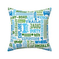 Large Scale Jeep 4x4 Adventures Word Cloud Off Road Vehicles in Blue and Green