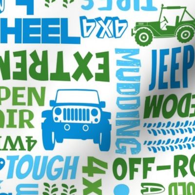 Large Scale Jeep 4x4 Adventures Word Cloud Off Road Vehicles in Blue and Green