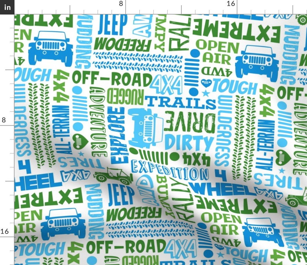 Large Scale Jeep 4x4 Adventures Word Cloud Off Road Vehicles in Blue and Green