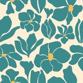 Magnolia Flowers - Matisse Inspired - Teal Blue Green - LARGE