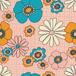 Big Summer Retro Flowers - Pink + Orange + Blue - MEDIUM