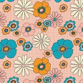 Big Summer Retro Flowers - Pink + Orange + Blue - SMALL