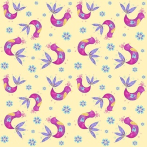 Pretty pink bird and heart flowers on a primrose yellow background 