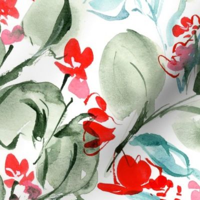 Holiday watercolor Florals in aqua and scarlet- large scale