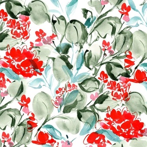 Holiday watercolor Florals in aqua and scarlet- large scale