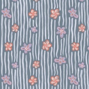 Flowers and stripes on blue - gray, daisies