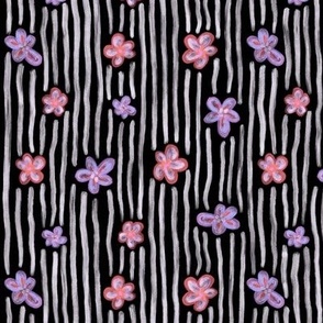 Flowers and stripes on black, daisies