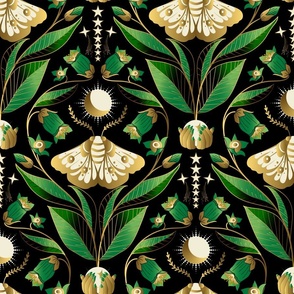 Whimsigothic Garden- Celestial Moth Belladonna Moody Floral- Emerald Green Black Gold- Regular Scale