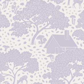 Mushroom Cabin - Forest Scene - Modern Toile Subtle Gray on Cream Background
