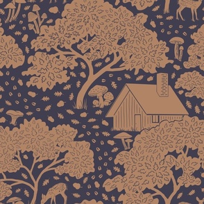 Mushroom Cabin - Forest Scene - Modern Toile Brown on Dark Gray Background