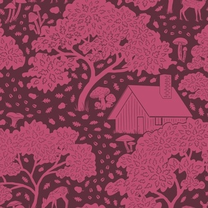 Mushroom Cabin - Forest Scene - Modern Toile in Dusty Pink on Burgundy Background