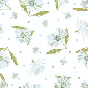 Large- Meadow flower blooms in soft blue and pastel green with polka dots 