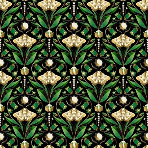 Whimsigothic Garden- Celestial Moth Belladonna Moody Floral- Emerald Green Black Gold- Small Scale
