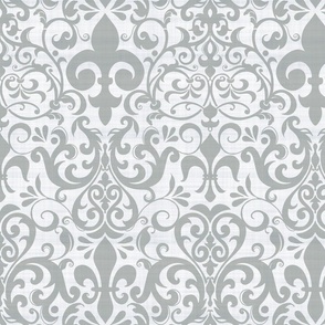 Pastel Fleur de Lis Damask Pattern French Linen Style Grey White Smaller Scale