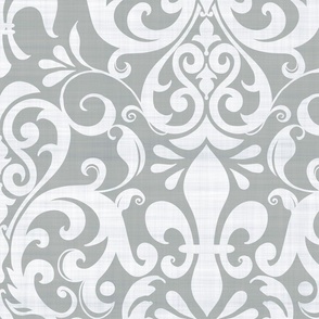 Pastel Fleur de Lis Damask Pattern French Linen Style White Grey