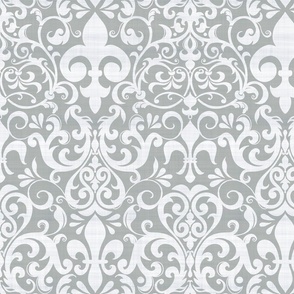 Pastel Fleur de Lis Damask Pattern French Linen Style White Grey Smaller Scale