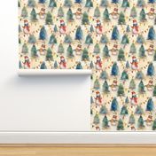 Christmas Snowmen with Christmas Lighted Trees Watercolor