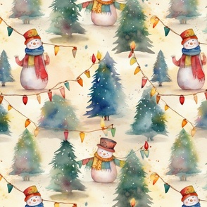 Christmas Snowmen with Christmas Lighted Trees Watercolor