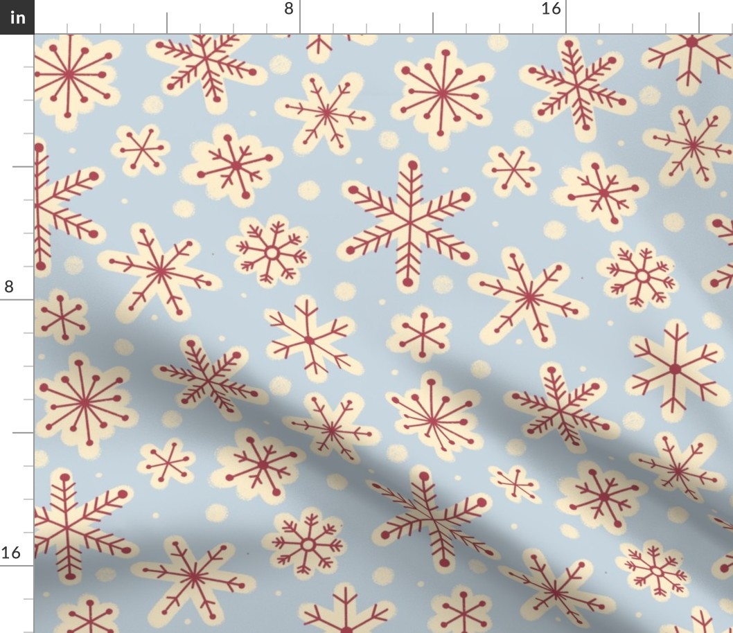 Hand Drawn Snowflakes in Blue, Red, Cream - Large Scale