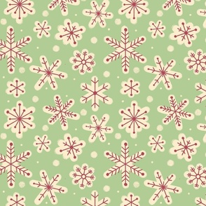 Hand Drawn Snowflakes in Green, Red, Cream - Large Scale