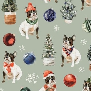 Christmas French Bulldogs 9x9 {Sage Green} Watercolor Winter Holiday Dogs
