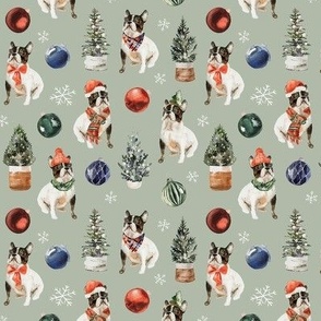 Christmas French Bulldogs 5x5 {Sage Green} Watercolor Winter Holiday Dogs Small Scale