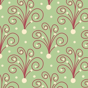Hand Drawn Curly Winter Stems in Green, Red, Cream - Large Scale