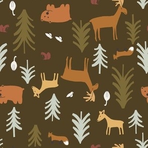 Forest Animals Scatter in Dark Olive Green