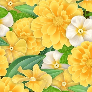 Romantic Zinnia and Impatiens Flowers // Yellow, Gold, Orange, White, Green // JUMBO Scale - 429 DPI