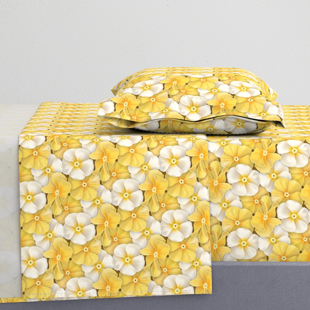 Impatiens in Yellow and White // Caramel Brown Background // V2 // Medium Large Scale - 850 DPI