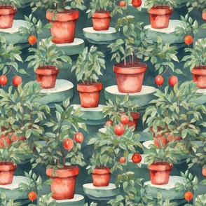 Potted Tomato Plants Watercolor on Green