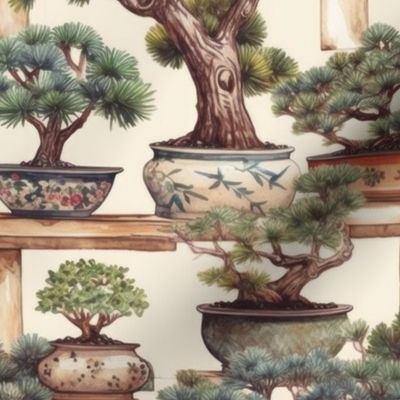 Potted Japanese Bonsai Trees Watercolor