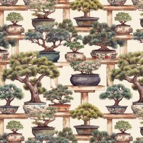 Potted Japanese Bonsai Trees Watercolor