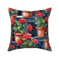 Potted Red Rose Plants Watercolor on Blue Shelves