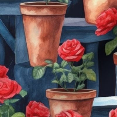 Potted Red Rose Plants Watercolor on Blue Shelves