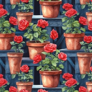 Potted Red Rose Plants Watercolor on Blue Shelves