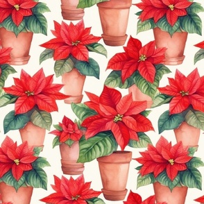 Potted Red Christmas Poinsettias Watercolor on White