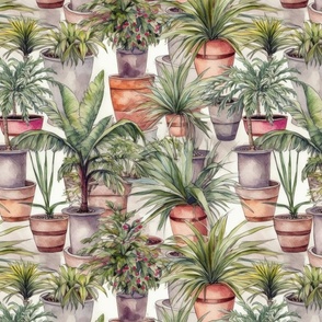 Potted Green  House Palms Watercolor