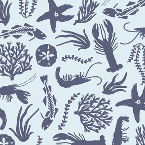  Beachcombing Near the Ocean // large // monochrome reversed, lobsters, seaweed, sea stars, blue