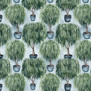 Potted Green  Baby Weeping Willow Tree Plants Watercolor on Pale Blue