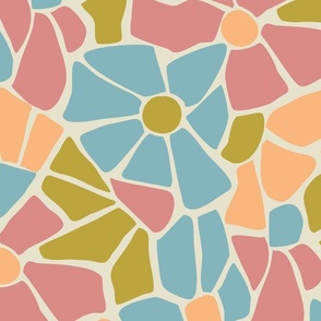 Vintage Abstract Floral // large // retro colors, pink, green, peach, blue, flower