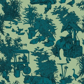 teal Toile de jouy Countryside 