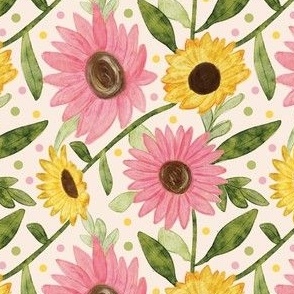 Watercolor Sunflower Garden on pink, with pink sunflowers [31] by Norlie Studio