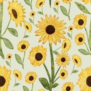 Watercolor Sunflower Garden [9] on Pale Green by Norlie Studio