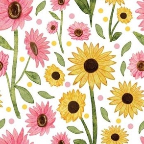 Watercolor Sunflower Garden with pink sunflowers [6] by Norlie Studio