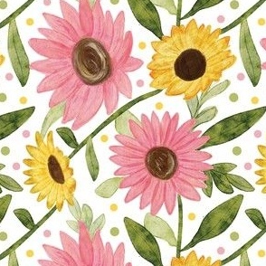 Watercolor Sunflower Garden with pink sunflowers [5] by Norlie Studio