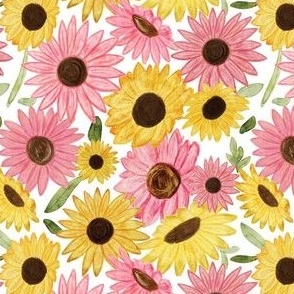 Watercolor Sunflower Garden with pink  sunflowers [3] by Norlie Studio