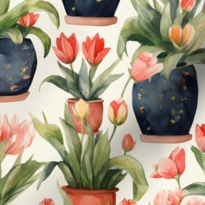 Potted Red Tulip Plants Watercolor