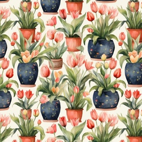 Potted Red Tulip Plants Watercolor